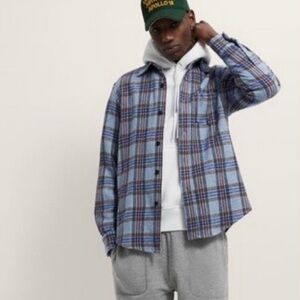 Zara Mens flannel button down xl blue White Checkered long sleeve Shirt NEW